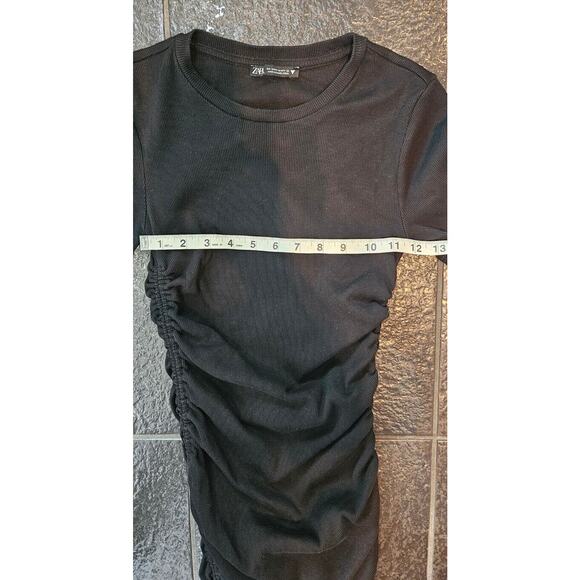 Zara Womens Dress Medium Black Ribbed Crew Neck Ruched Sides Knit Mini Short - Picture 9 of 11
